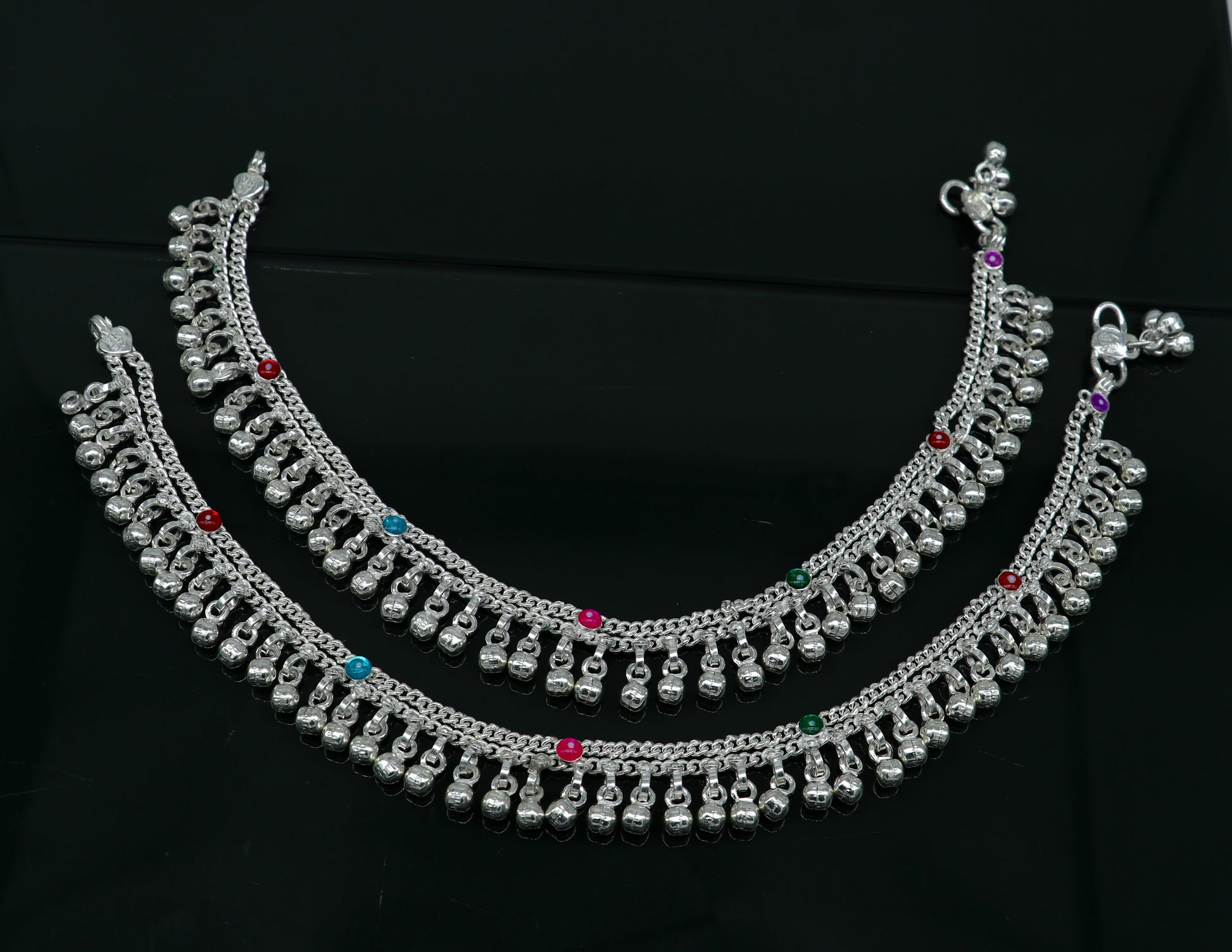 10.5" long handmade sterling silver gorgeous ankle bracelet, wonderful noisy hanging bells charm anklets girls women's belly dance ank338 - TRIBAL ORNAMENTS