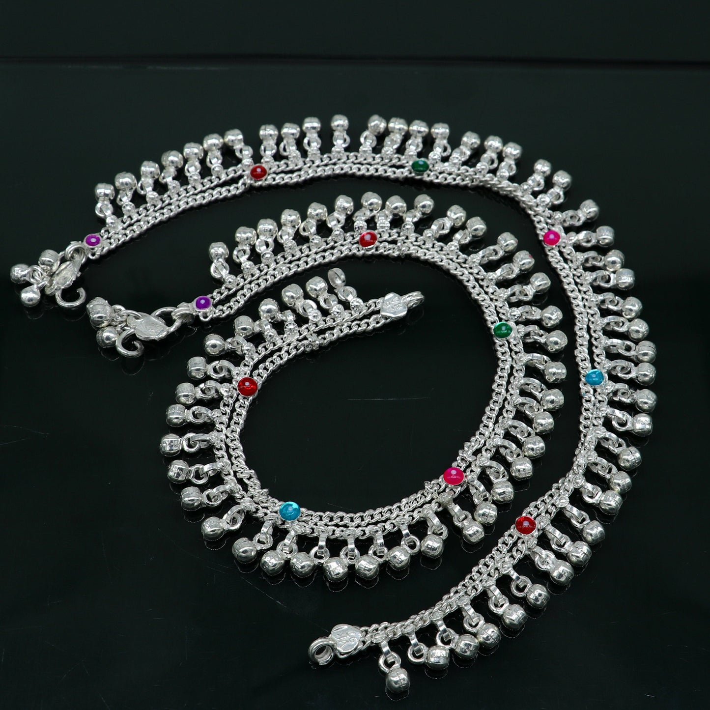 10.5" long handmade sterling silver gorgeous ankle bracelet, wonderful noisy hanging bells charm anklets girls women's belly dance ank338 - TRIBAL ORNAMENTS