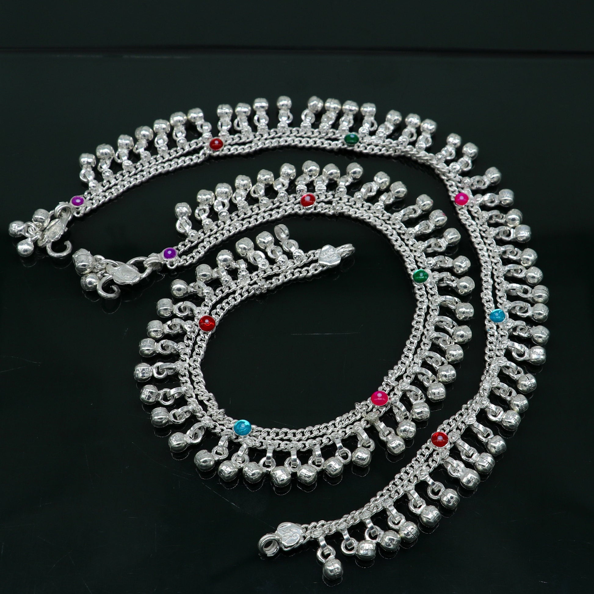 10.5" long handmade sterling silver gorgeous ankle bracelet, wonderful noisy hanging bells charm anklets girls women's belly dance ank338 - TRIBAL ORNAMENTS