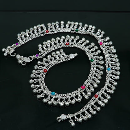 Handmade sterling silver ankle bracelet with hanging bells and charm, ideal for girls and women’s belly dance accessories.