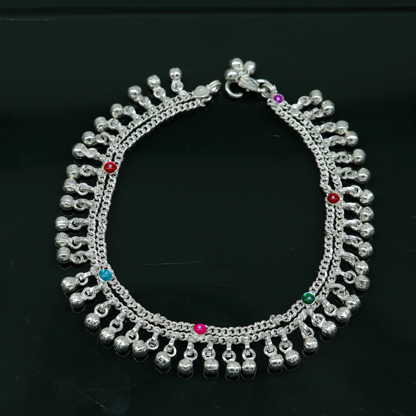 10.5" long handmade sterling silver gorgeous ankle bracelet, wonderful noisy hanging bells charm anklets girls women's belly dance ank338 - TRIBAL ORNAMENTS