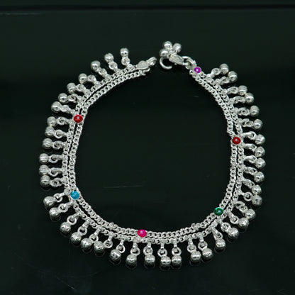 Sterling silver ankle bracelet with hanging bells charm, 10.5 inches, handmade tribal design for girls and women’s belly dance accessories.