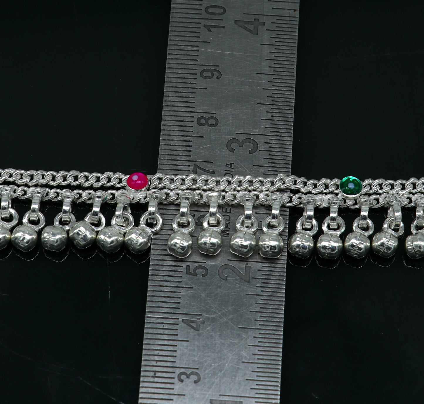 10.5" long handmade sterling silver gorgeous ankle bracelet, wonderful noisy hanging bells charm anklets girls women's belly dance ank338 - TRIBAL ORNAMENTS