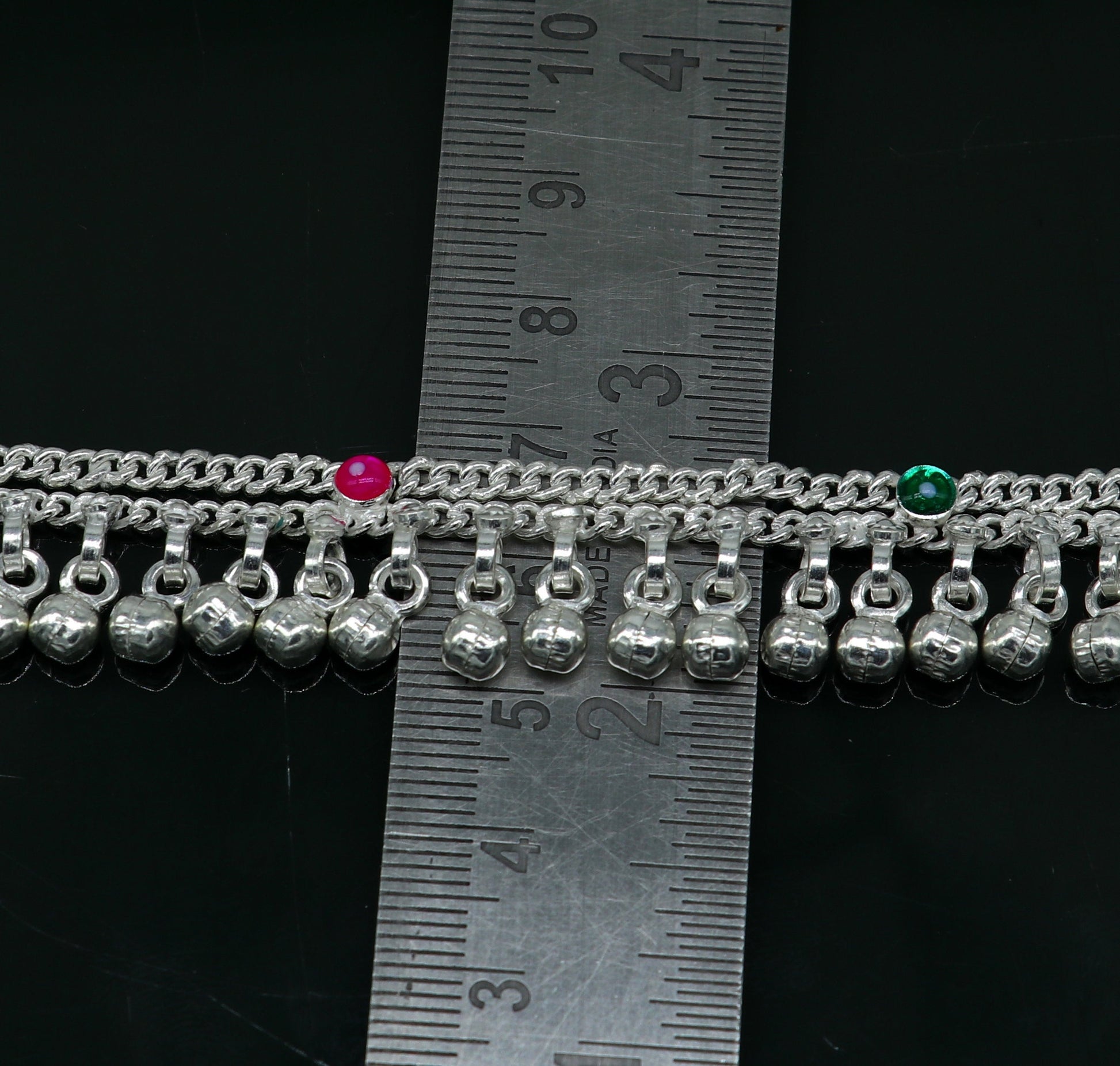 10.5" long handmade sterling silver gorgeous ankle bracelet, wonderful noisy hanging bells charm anklets girls women's belly dance ank338 - TRIBAL ORNAMENTS