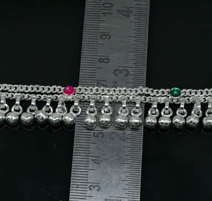 Sterling silver ankle bracelet with hanging bells charm, 10.5 inches long, handmade tribal design for women and girls.