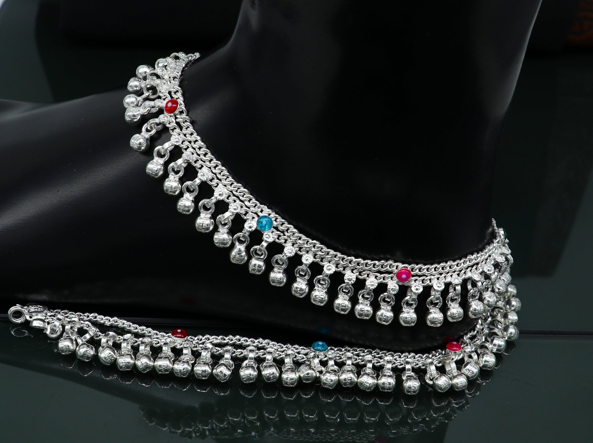 10.5" long handmade sterling silver gorgeous ankle bracelet, wonderful noisy hanging bells charm anklets girls women's belly dance ank338 - TRIBAL ORNAMENTS