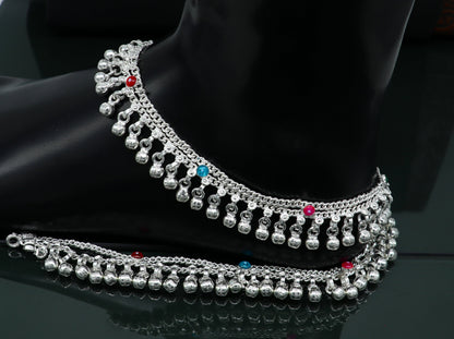 Handmade sterling silver ankle bracelet with hanging bells charm, 10.5 inches long, designed for girls and women for belly dance.