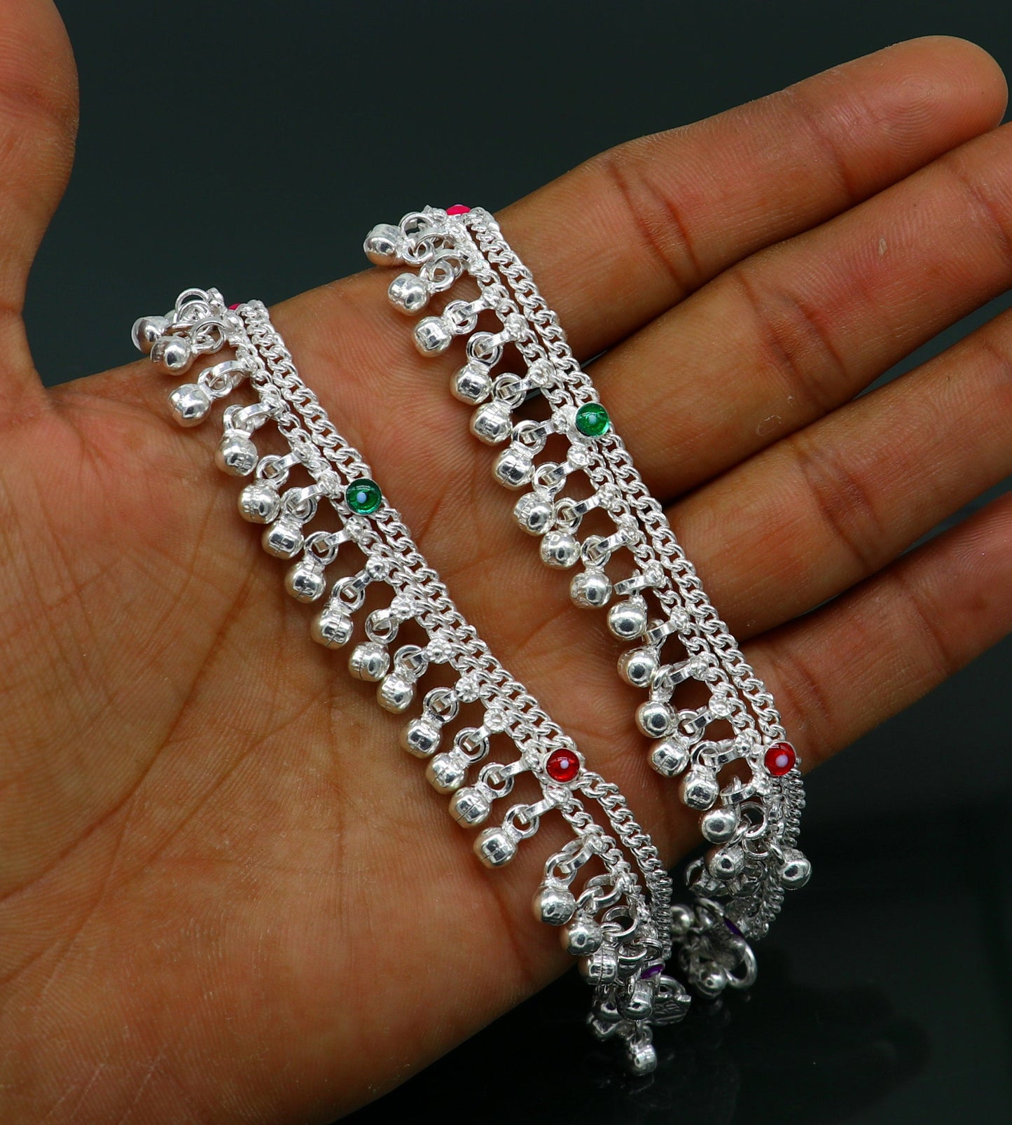 10.5" long handmade sterling silver gorgeous ankle bracelet, wonderful noisy hanging bells charm anklets girls women's belly dance ank338 - TRIBAL ORNAMENTS