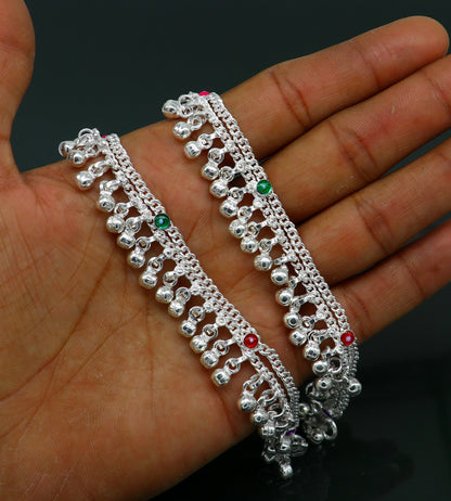 Handmade sterling silver ankle bracelet with hanging bells charm, perfect for girls and women’s belly dance jewelry.