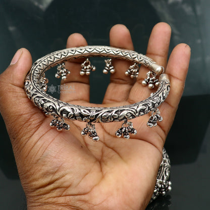 Vintage design 925 pure silver tribal ankle bracelet with oxidized finish and chitai work, featuring ethnic tribal silver jewelry style.