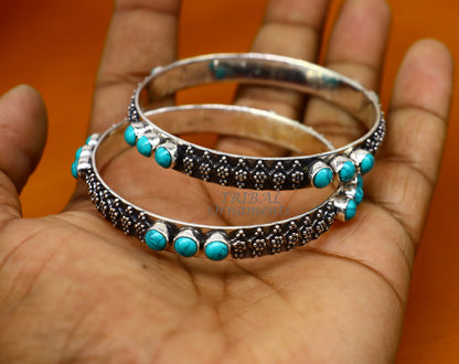 925 silver turquoise bangle bracelet with custom vintage tribal design, ethnic jewelry for brides, by TRIBAL ORNAMENTS