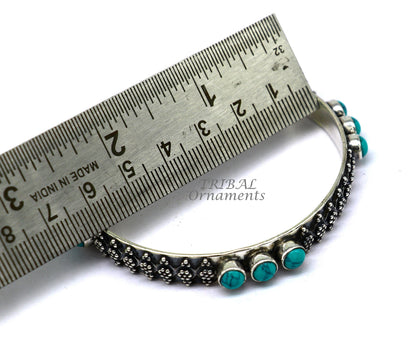 Sterling silver turquoise stone bangle bracelet with custom vintage design, ethnic tribal jewelry for brides by TRIBAL ORNAMENTS