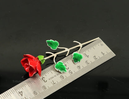 Solid sterling silver handmade small Rose flower puja god temple article, excellent three color enamel silver worshipping articles su450 - TRIBAL ORNAMENTS