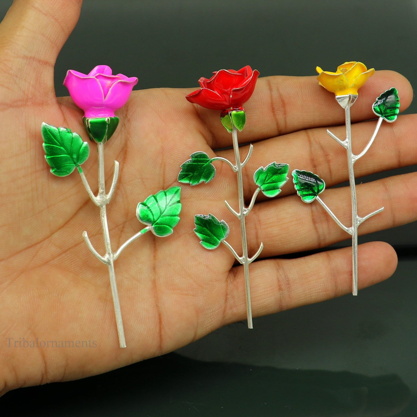 Solid sterling silver handmade small Rose flower puja god temple article, excellent three color enamel silver worshipping articles su450 - TRIBAL ORNAMENTS