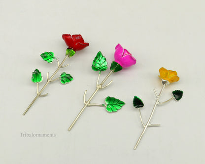 Solid sterling silver handmade small Rose flower puja god temple article, excellent three color enamel silver worshipping articles su450 - TRIBAL ORNAMENTS