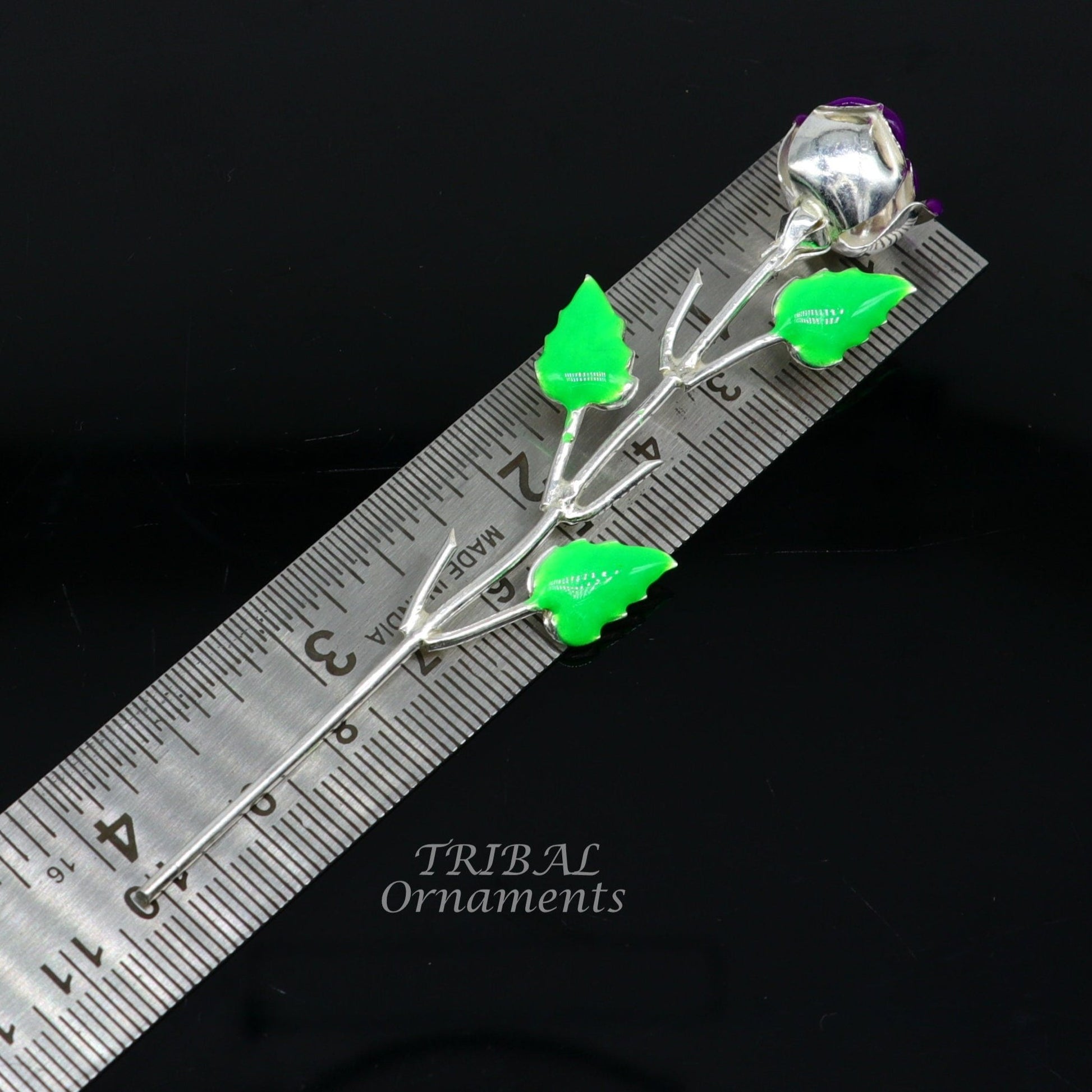 Solid sterling silver handmade small Rose flower puja god temple article, excellent three color enamel silver worshipping articles su850 - TRIBAL ORNAMENTS