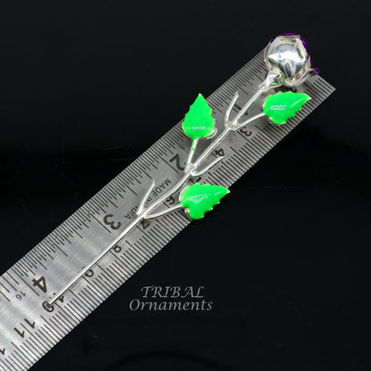 Solid sterling silver handmade small Rose flower puja god temple article, excellent three color enamel silver worshipping articles su850 - TRIBAL ORNAMENTS