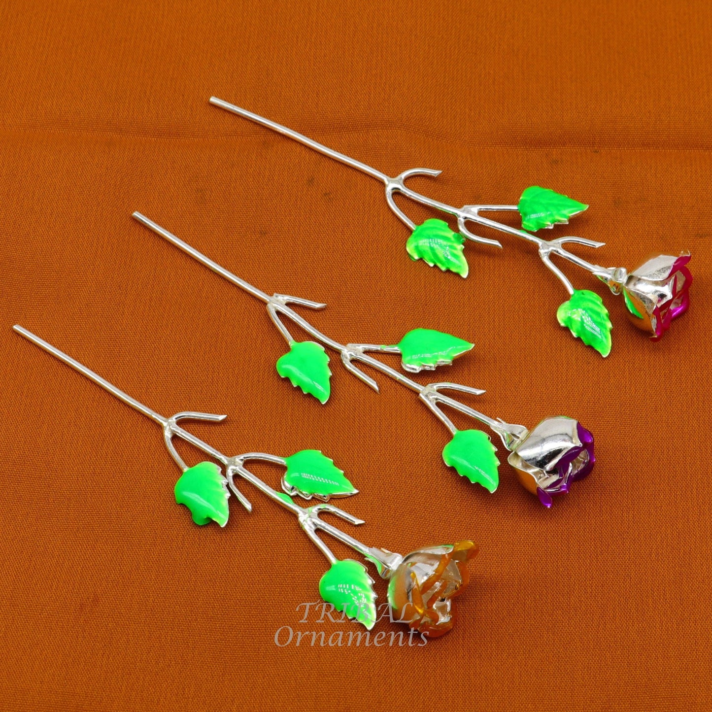 Solid sterling silver handmade small Rose flower puja god temple article, excellent three color enamel silver worshipping articles su850 - TRIBAL ORNAMENTS