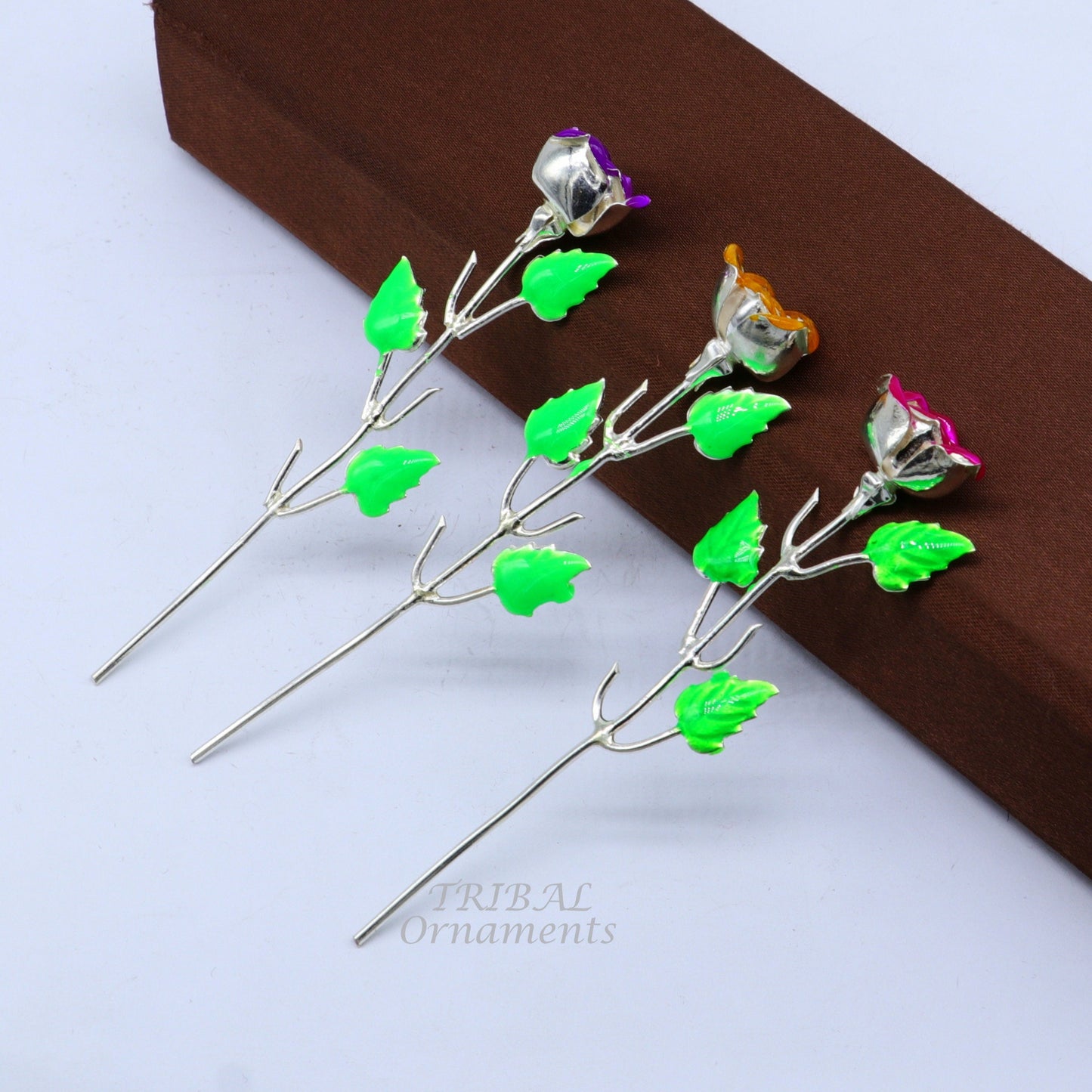 Solid sterling silver handmade small Rose flower puja god temple article, excellent three color enamel silver worshipping articles su850 - TRIBAL ORNAMENTS