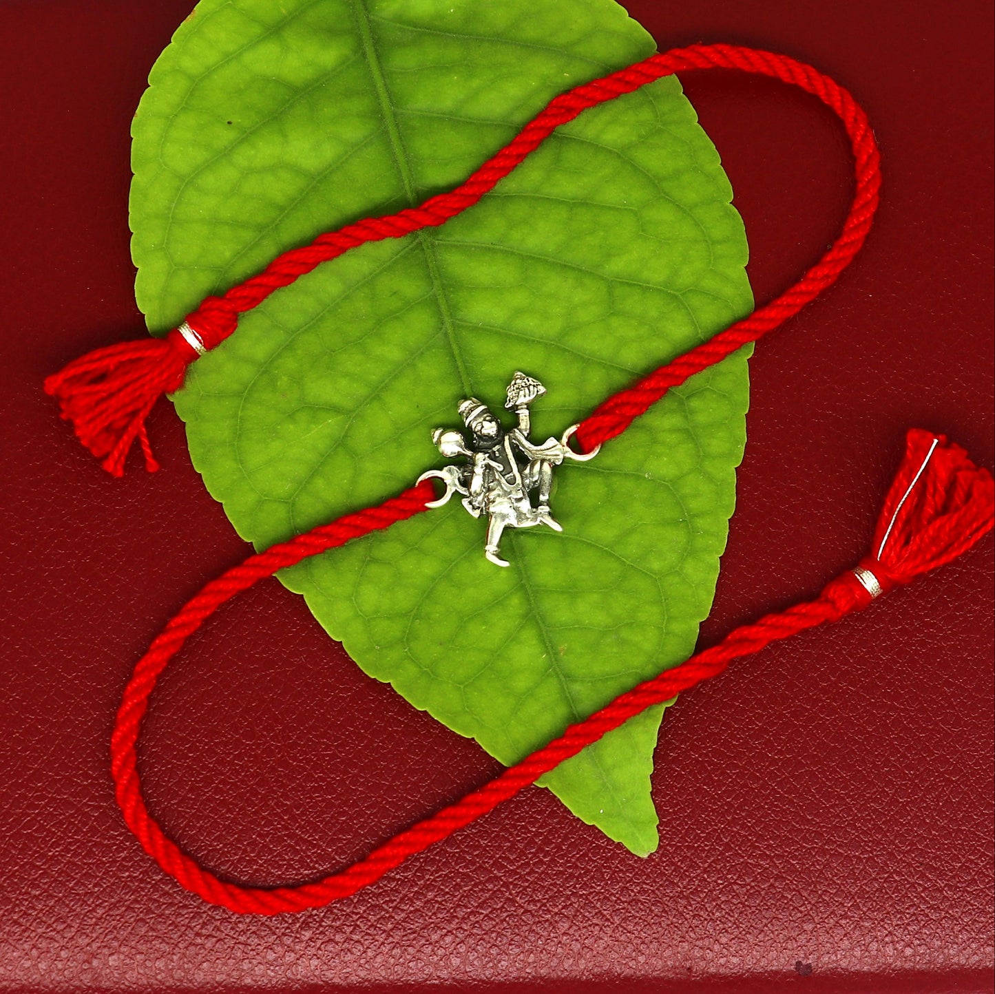 925 sterling silver idol god Flying Hanuman design Rakhi bracelet with red thread Best sibling rakhi rk170 - TRIBAL ORNAMENTS