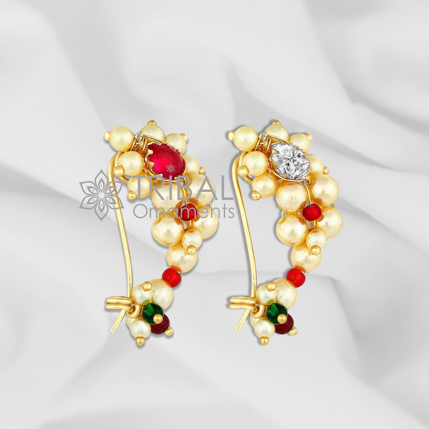 Indian Traditional cultural nose pin stud or Nath Maharasthrian nath 18 kt yellow gold and pearl handmade ethnic jewelry from india gnp52 - TRIBAL ORNAMENTS