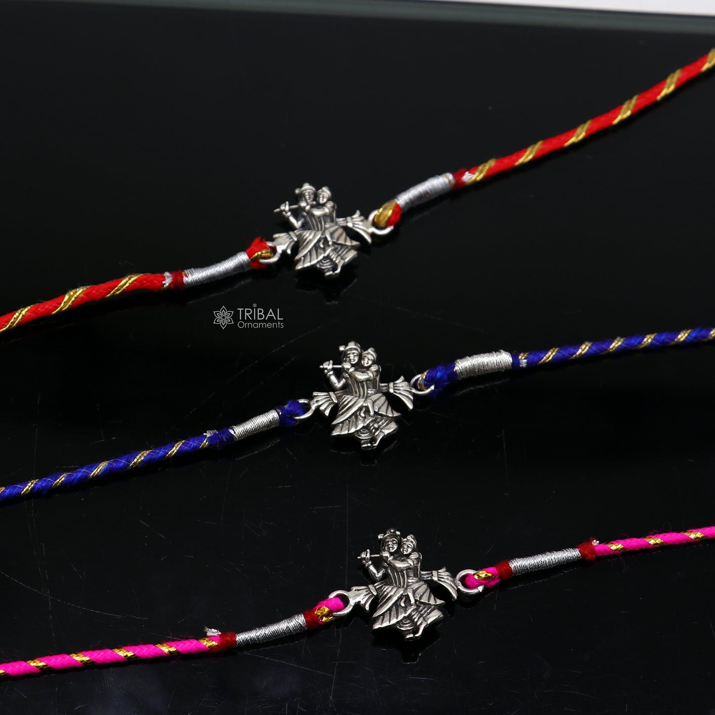 925 sterling silver handmade Rakhi Bracelet, Exclusive hare Krishna Radha Krishna design pendant Rakhi Bracelet for Rakshabandhan rk293 - TRIBAL ORNAMENTS