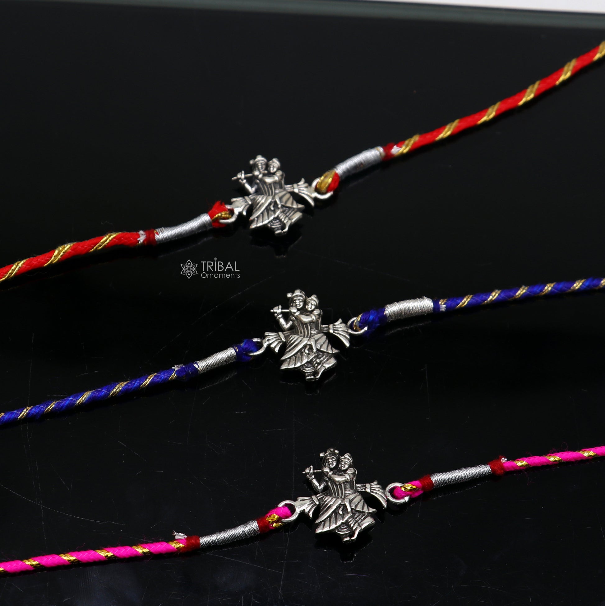 925 sterling silver handmade Rakhi Bracelet, Exclusive hare Krishna Radha Krishna design pendant Rakhi Bracelet for Rakshabandhan rk293 - TRIBAL ORNAMENTS