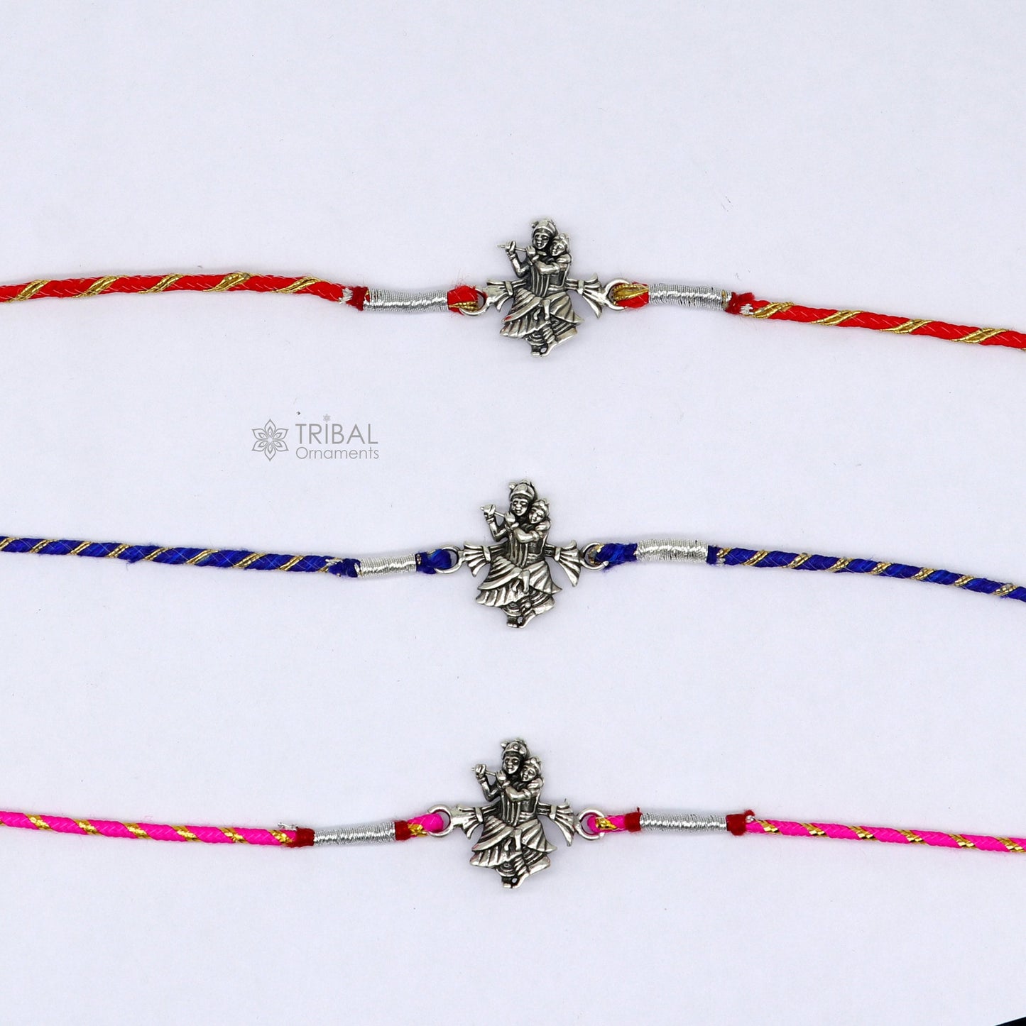 925 sterling silver handmade Rakhi Bracelet, Exclusive hare Krishna Radha Krishna design pendant Rakhi Bracelet for Rakshabandhan rk293 - TRIBAL ORNAMENTS