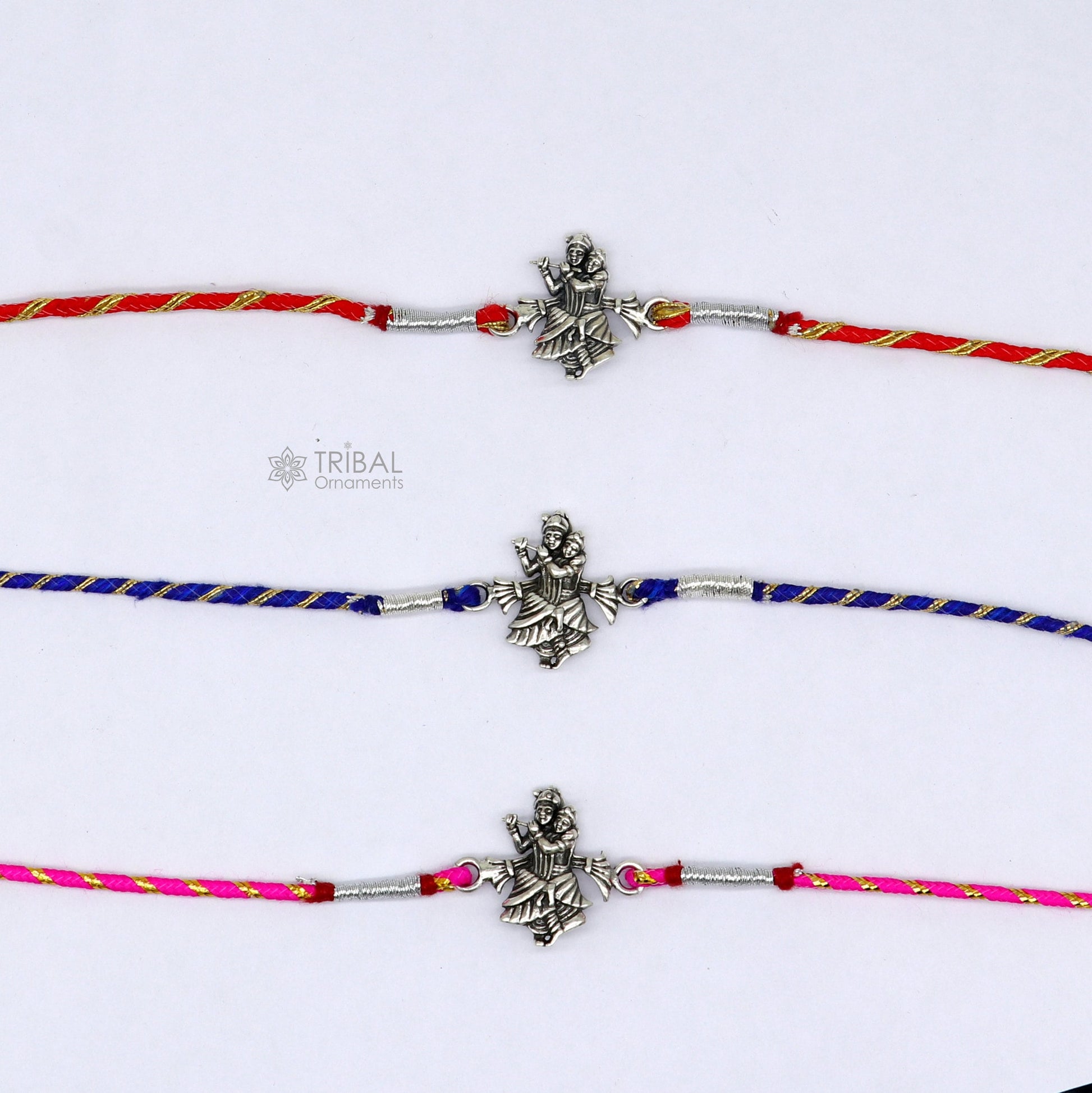 925 sterling silver handmade Rakhi Bracelet, Exclusive hare Krishna Radha Krishna design pendant Rakhi Bracelet for Rakshabandhan rk293 - TRIBAL ORNAMENTS