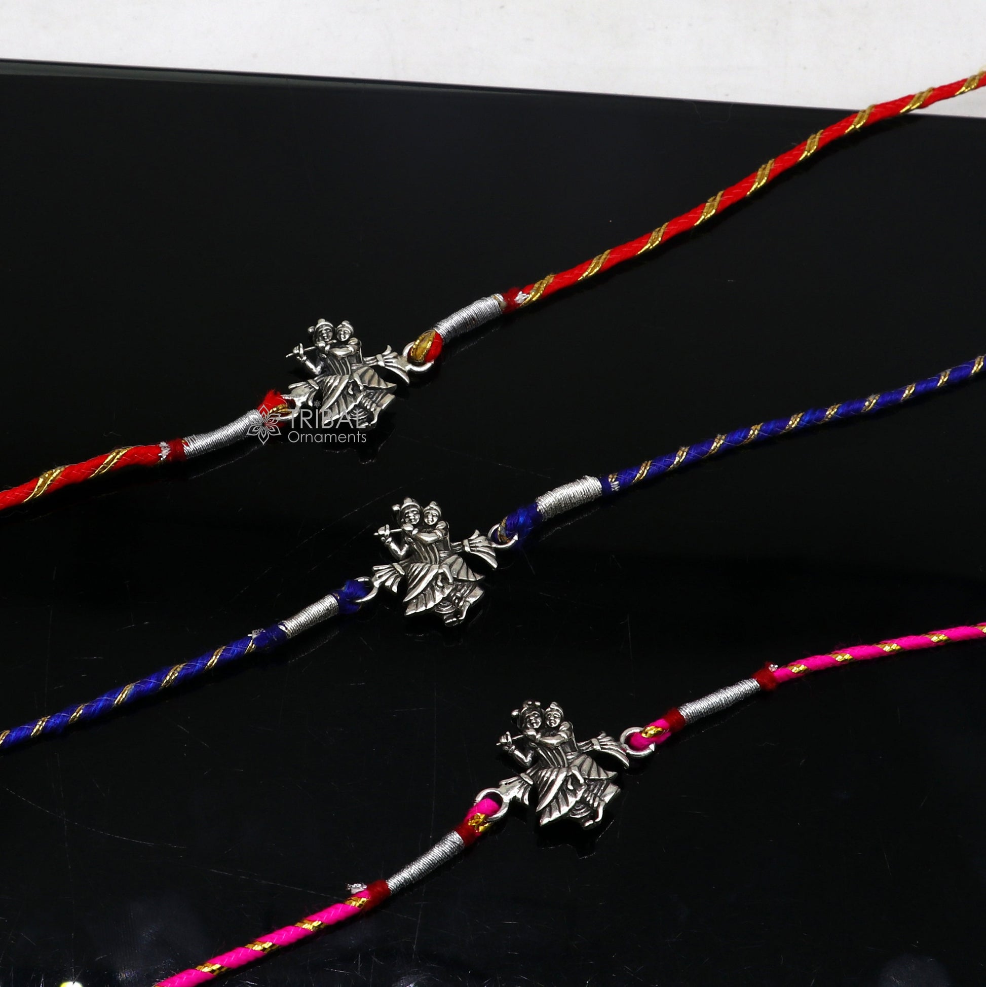 925 sterling silver handmade Rakhi Bracelet, Exclusive hare Krishna Radha Krishna design pendant Rakhi Bracelet for Rakshabandhan rk293 - TRIBAL ORNAMENTS