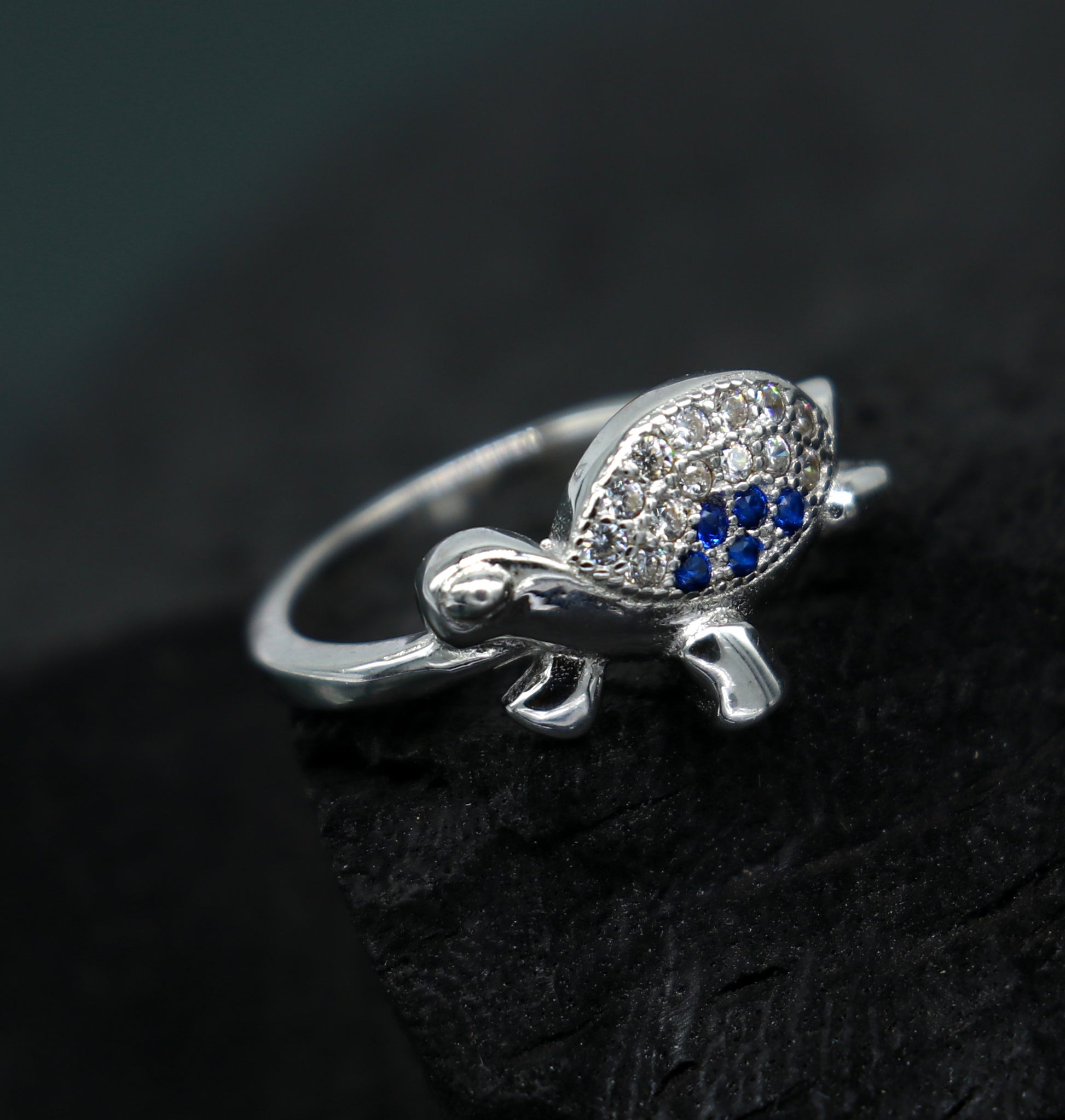 Pure 925 Sterling silver tortoise ring with AD stone, stylish unisex design, elegant and suitable for daily wear or gifting.