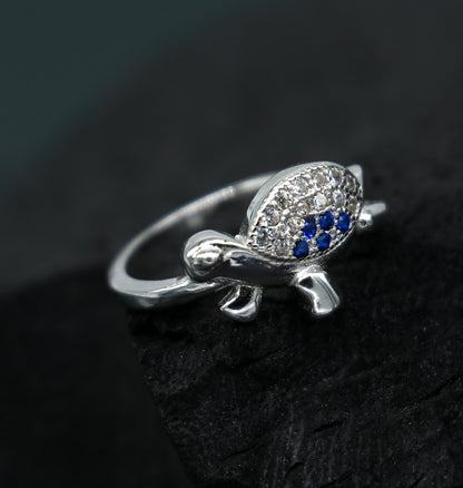 Pure 925 Sterling silver tortoise ring with AD stone, stylish unisex design, elegant and suitable for daily wear or gifting.