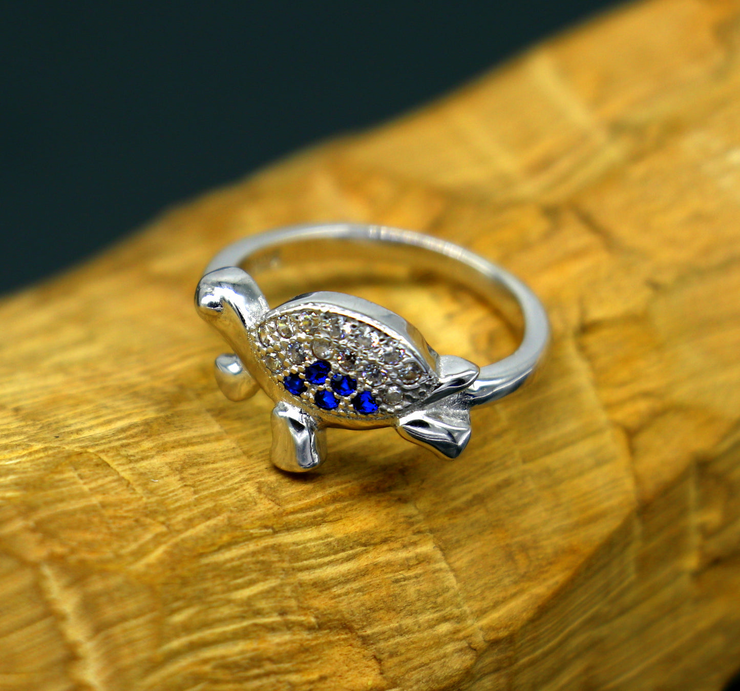 Sterling silver tortoise ring with decorative AD stone, unisex stylish design, perfect for daily wear or gifting by Tribal Ornaments.