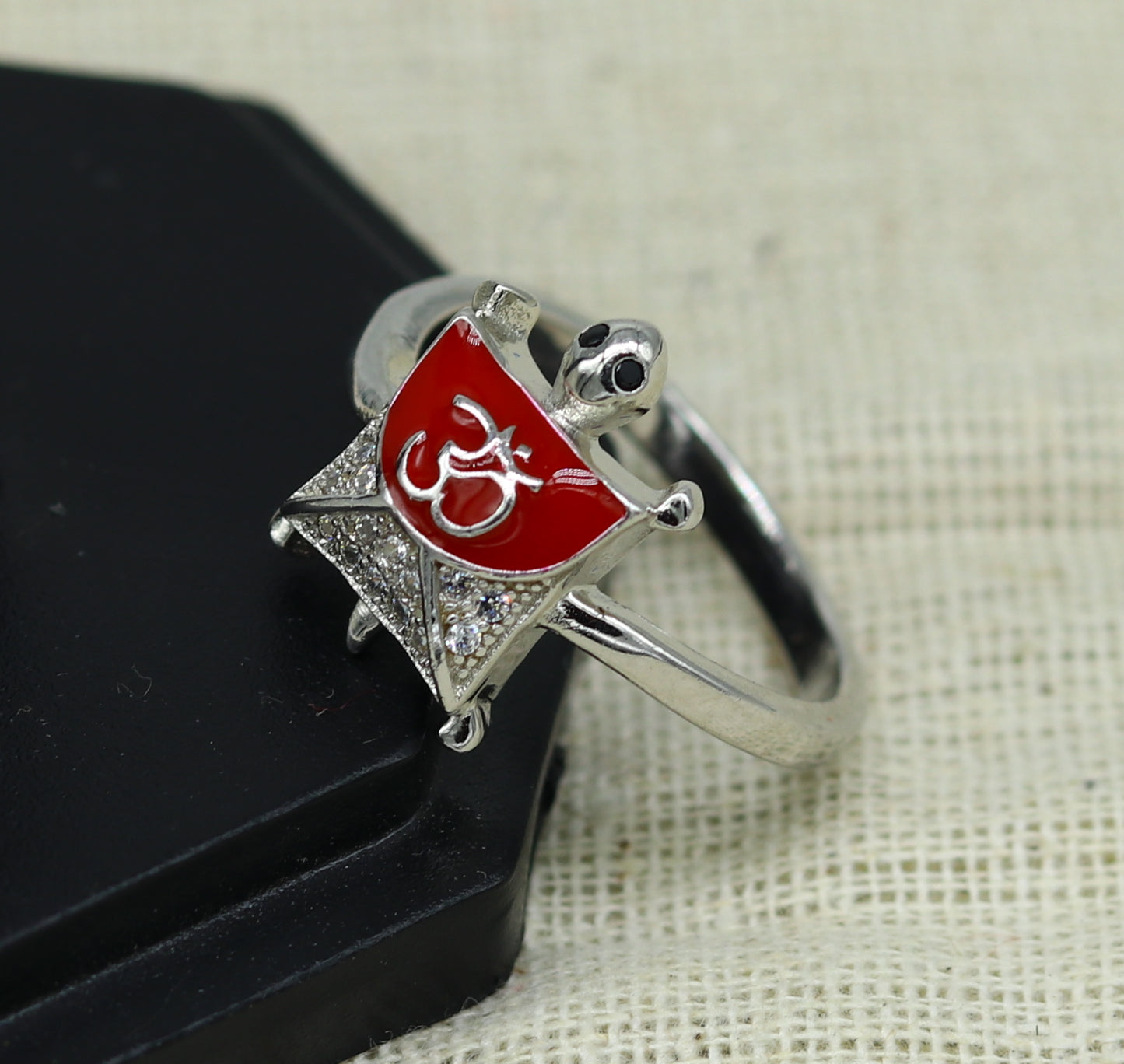 Red 925 Sterling silver tortoise ring with OM symbol and AD stone, elegant unisex design perfect for gifting by Tribal Ornaments.