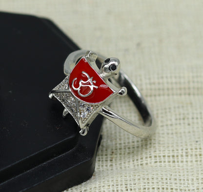 Red 925 Sterling silver tortoise ring with OM symbol and AD stone, elegant unisex design perfect for gifting by Tribal Ornaments.