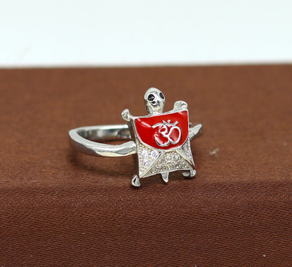 Red 925 sterling silver tortoise ring with blessing Aum OM design and AD stone, elegant unisex jewelry by Tribal Ornaments.