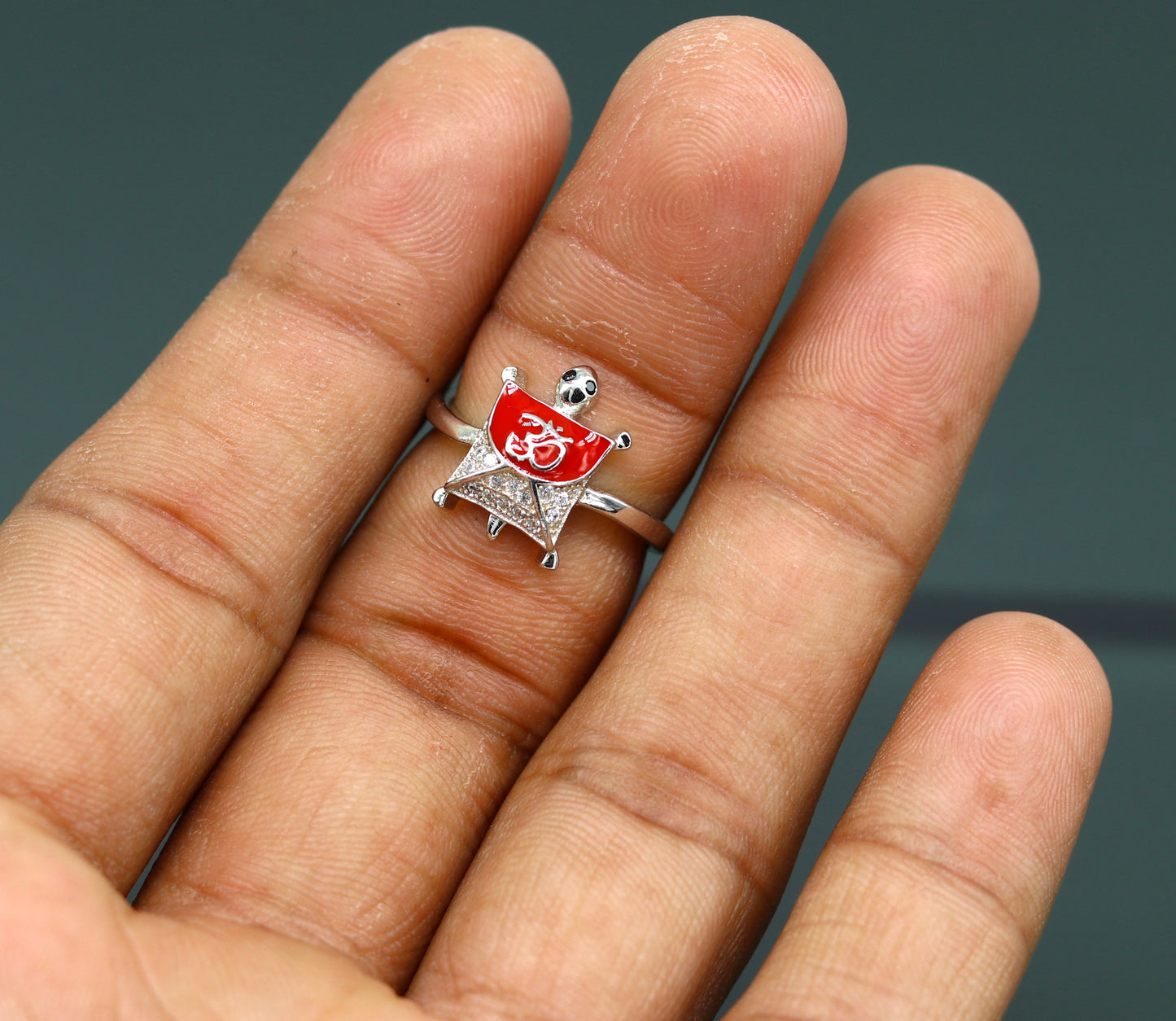 Red 925 sterling silver tortoise ring with blessing Aum OM design, unisex elegant jewelry, featuring an eye-catching AD stone.