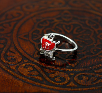 Red 925 Sterling silver tortoise ring with blessing Aum or OM design, unisex elegant jewelry with AD stone from Tribal Ornaments.