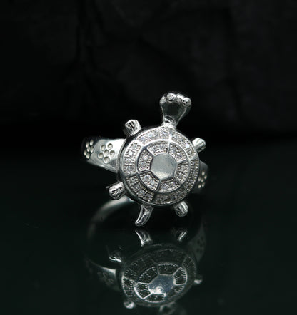 Sterling silver tortoise ring with intricate design, featuring an AD stone, unisex style, from TRIBAL ORNAMENTS.