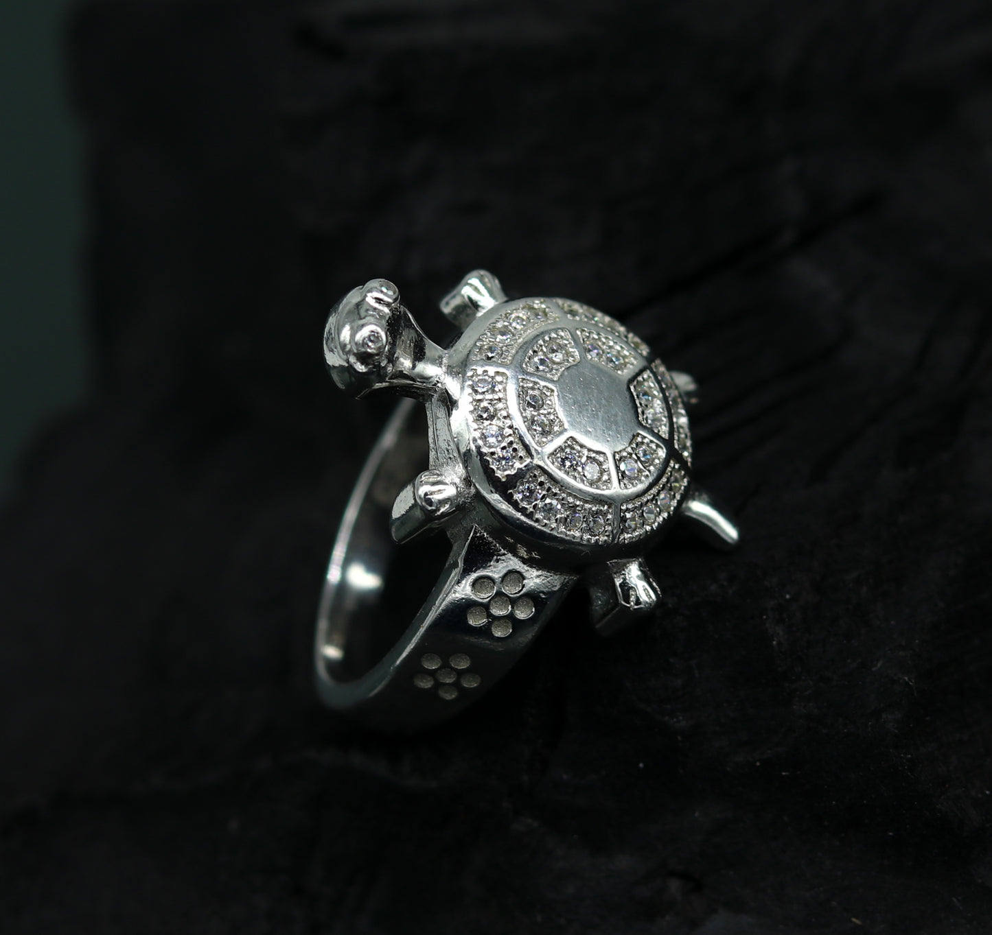 Stylish Pure 925 Sterling silver tortoise ring with AD stone, unisex design, intricate detailing, from Tribal Ornaments.