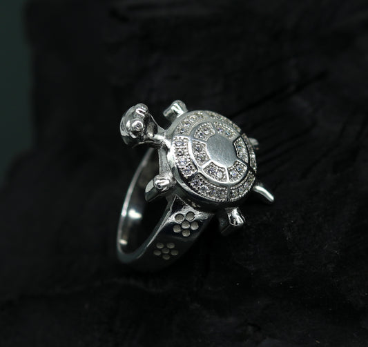 Stylish Pure 925 Sterling silver tortoise ring with AD stone, unisex design, intricate detailing, from Tribal Ornaments.