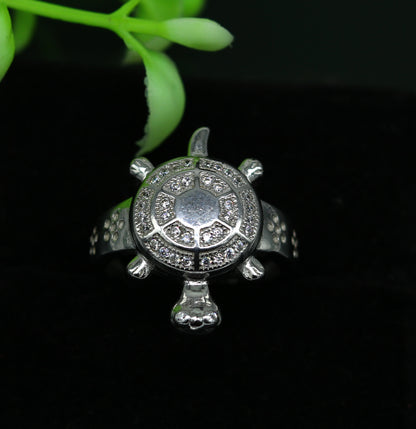 Sterling silver tortoise ring with decorative design and AD stone, unisex style, crafted by TRIBAL ORNAMENTS.