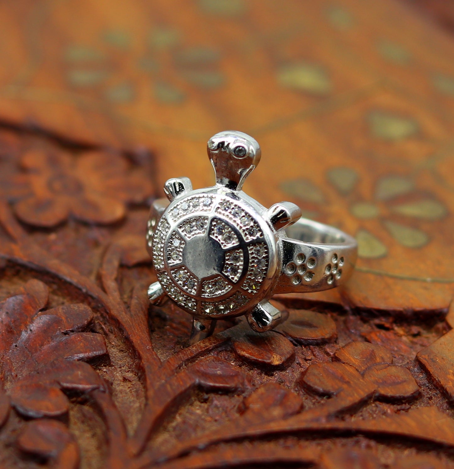 Sterling silver tortoise ring by Tribal Ornaments featuring an AD stone, stylish unisex design, perfect for gifting.