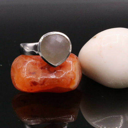Sterling silver unisex Jadau ring with aqua chalcedony stone, tribal ornaments design, ideal for gifting.