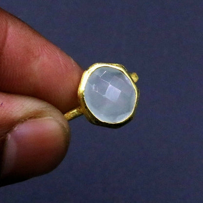 925 sterling silver aqua quartz ring with gold polish, designed for girls, daily wear, by TRIBAL ORNAMENTS.