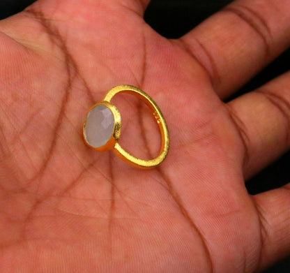 Sterling silver aqua quartz ring band with gold polish for girls, daily wear jewelry by Tribal Ornaments.