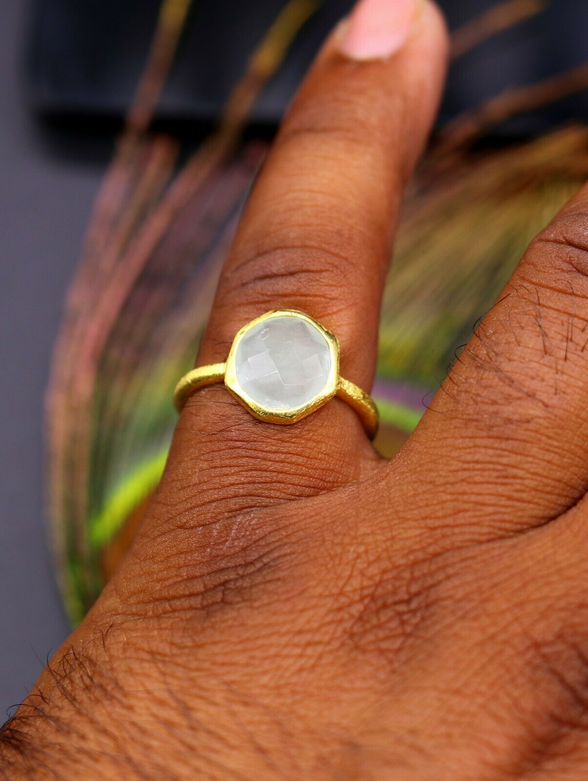 925 SOLID SILVER AQUA QUARTZ GOLD POLISHED RING BAND GIRLS DAILY USE sr193 - TRIBAL ORNAMENTS