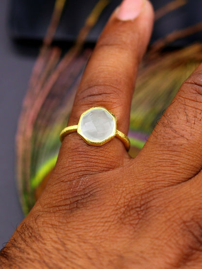 Sterling silver aqua quartz ring with gold polish, designed for girls, featuring a band style for daily wear by TRIBAL ORNAMENTS.