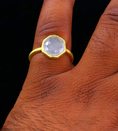 Sterling silver aqua quartz ring with gold polish, designed for girls, featuring a sleek band style by Tribal Ornaments.