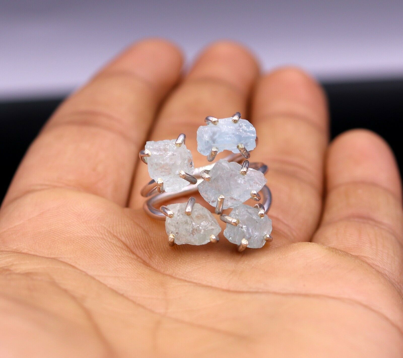 925 STERLING SILVER FANCY AQUA CHALCEDONNY STONE STYLISH GIFTING RING BAND sr123 - TRIBAL ORNAMENTS